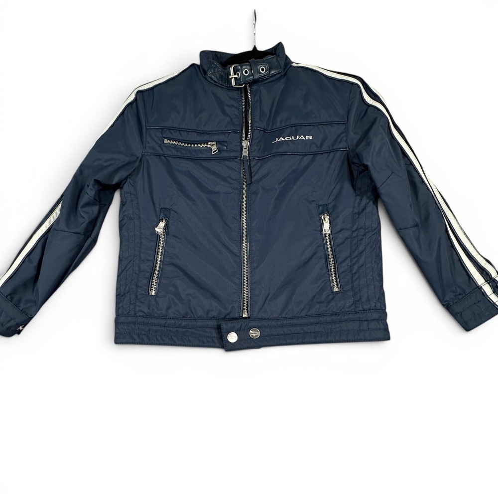 Jaguar Moto Jacket Kids Size 5/6 Navy Blue Racing Stripe Buckle Neck Cafe Racer